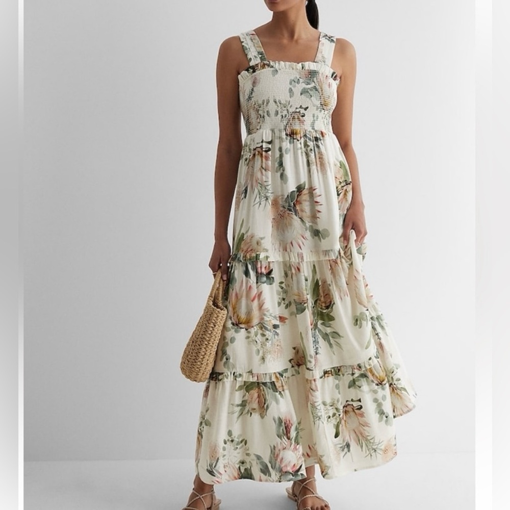 Express Linen Blend Floral Square Neck Smocked Maxi Dress (Lined)